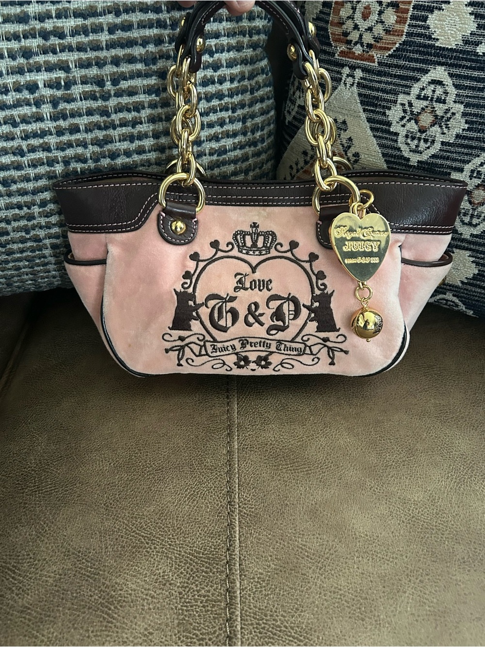 Juicy Couture Pink & Brown Logo Charm Chain-Handle Shoulder Bag Vintage Y2K - Picture 9 of 9